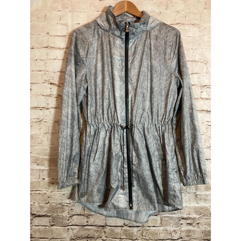 UBU Rain Coat Womens Large Black & White Swirl Print Lightweight Full Zip Hooded